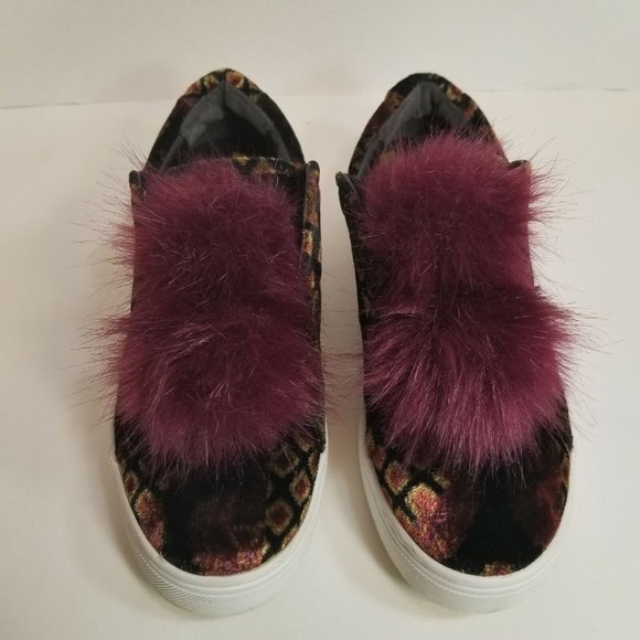 Sam Edelman Leya Velvet Shoes Faux Fur PomPom Slip-On Sneakers size 8.5 Burgundy - Picture 5 of 17